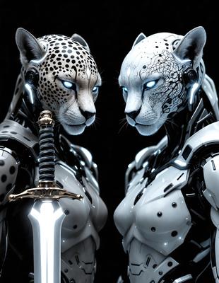 The primary subject of the image is a pair of white and black leopard heads, which are depicted as futuristic robot heads. The setting is a dark background, which contrasts with the bright colors of the robot heads. The visual style is a combination of digital art and illustration, creating a unique and intriguing image. The dominant colors are white and black, with the white leopard heads and black accents, while the overall atmosphere is mysterious and captivating.